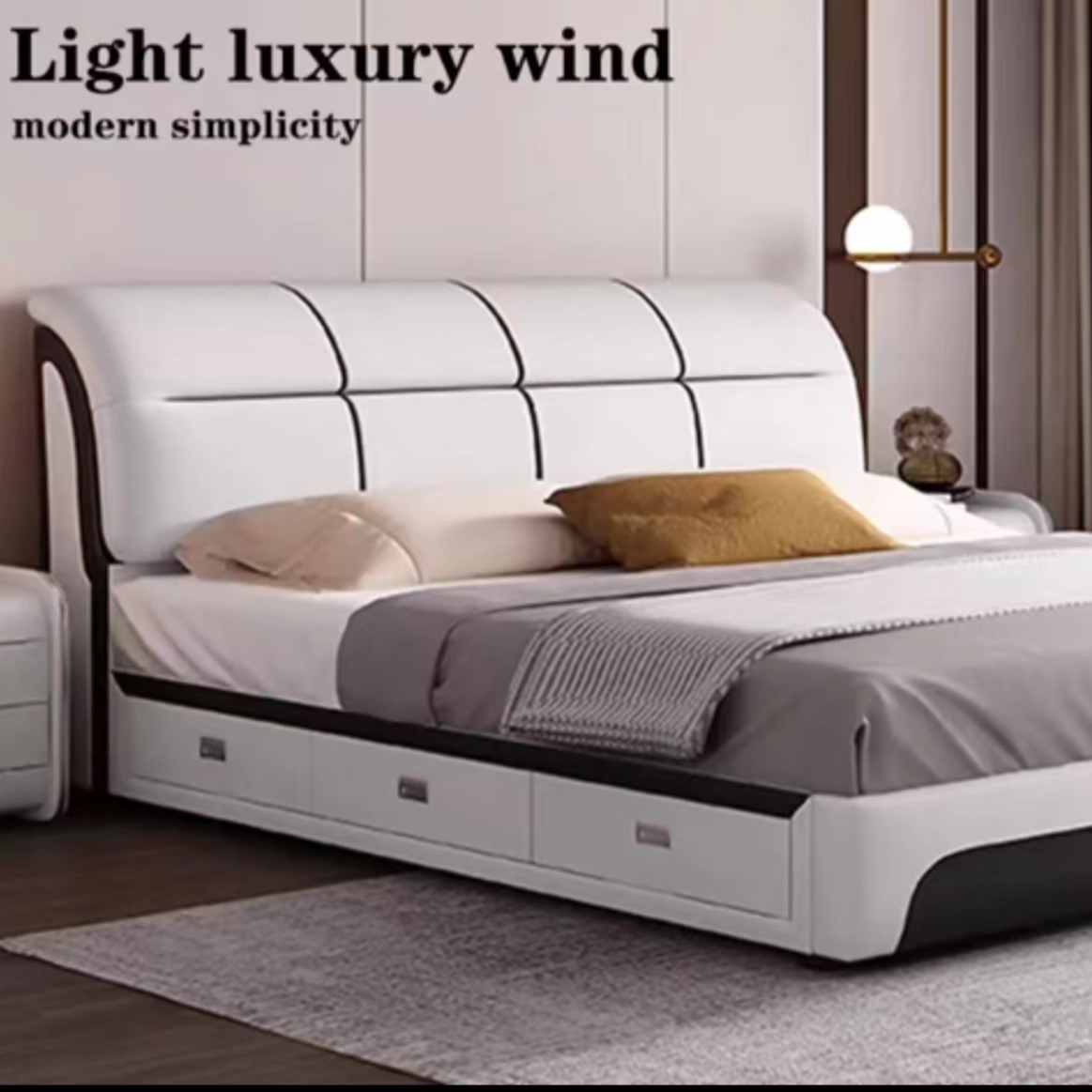 【妙富家具】206# 2x2.2米网红牛皮床轻奢时尚主卧床真皮床婚床收纳