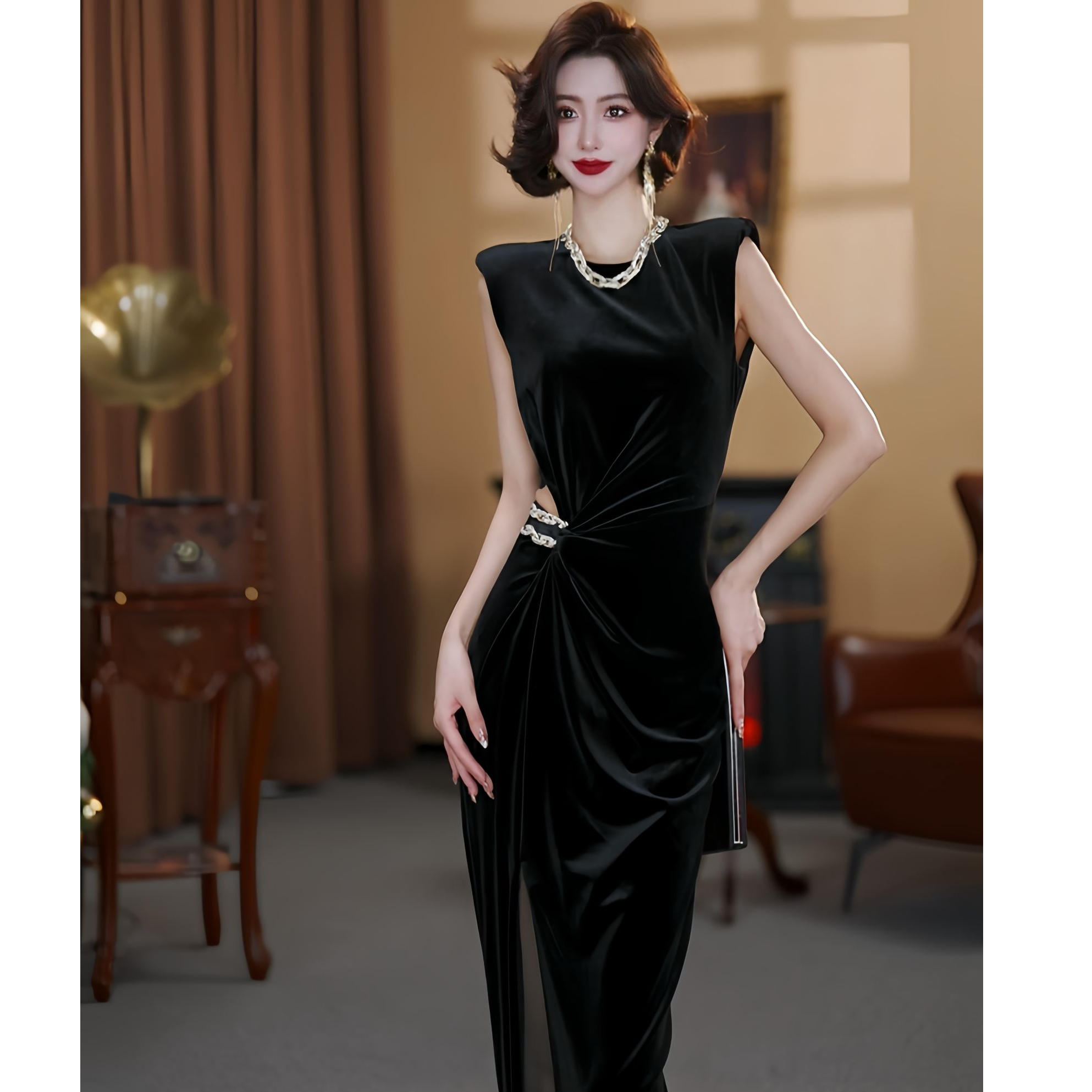 【大晶定制】新款气质黑色无袖设计感丝绒优雅修身连衣裙-预热款