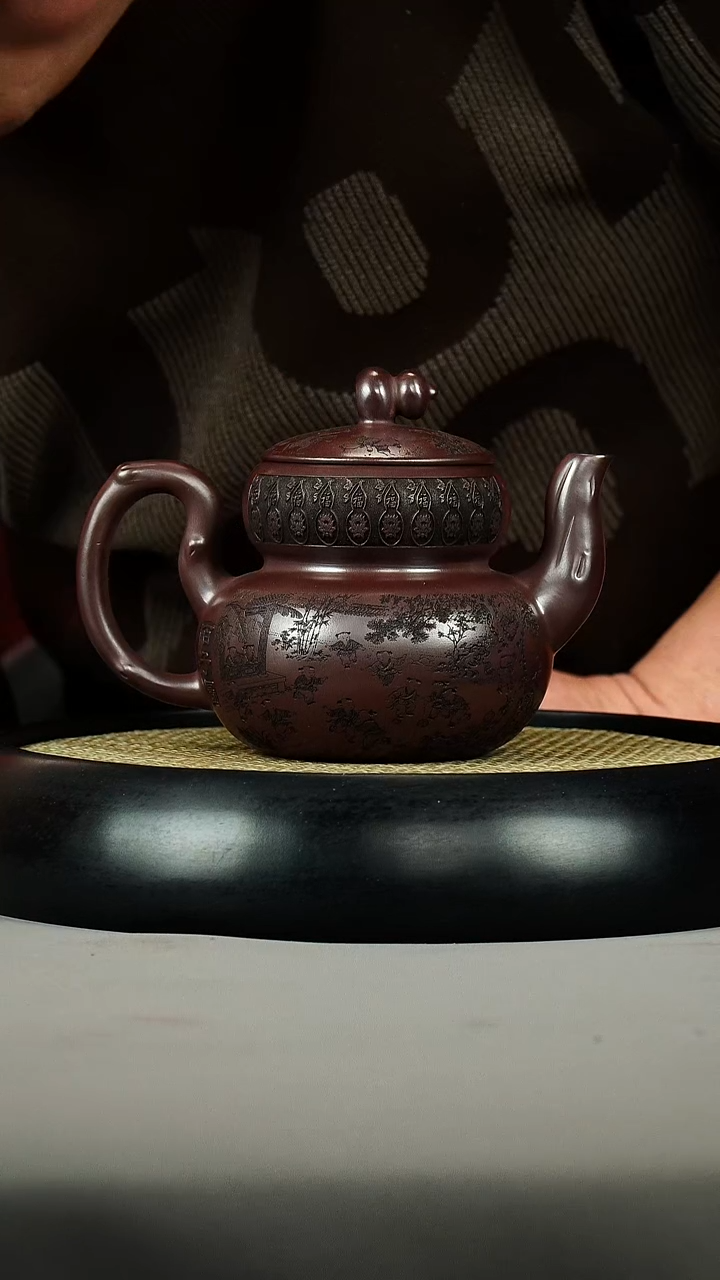 茶壶紫砂石红 葫芦 刻绘 百子报春图