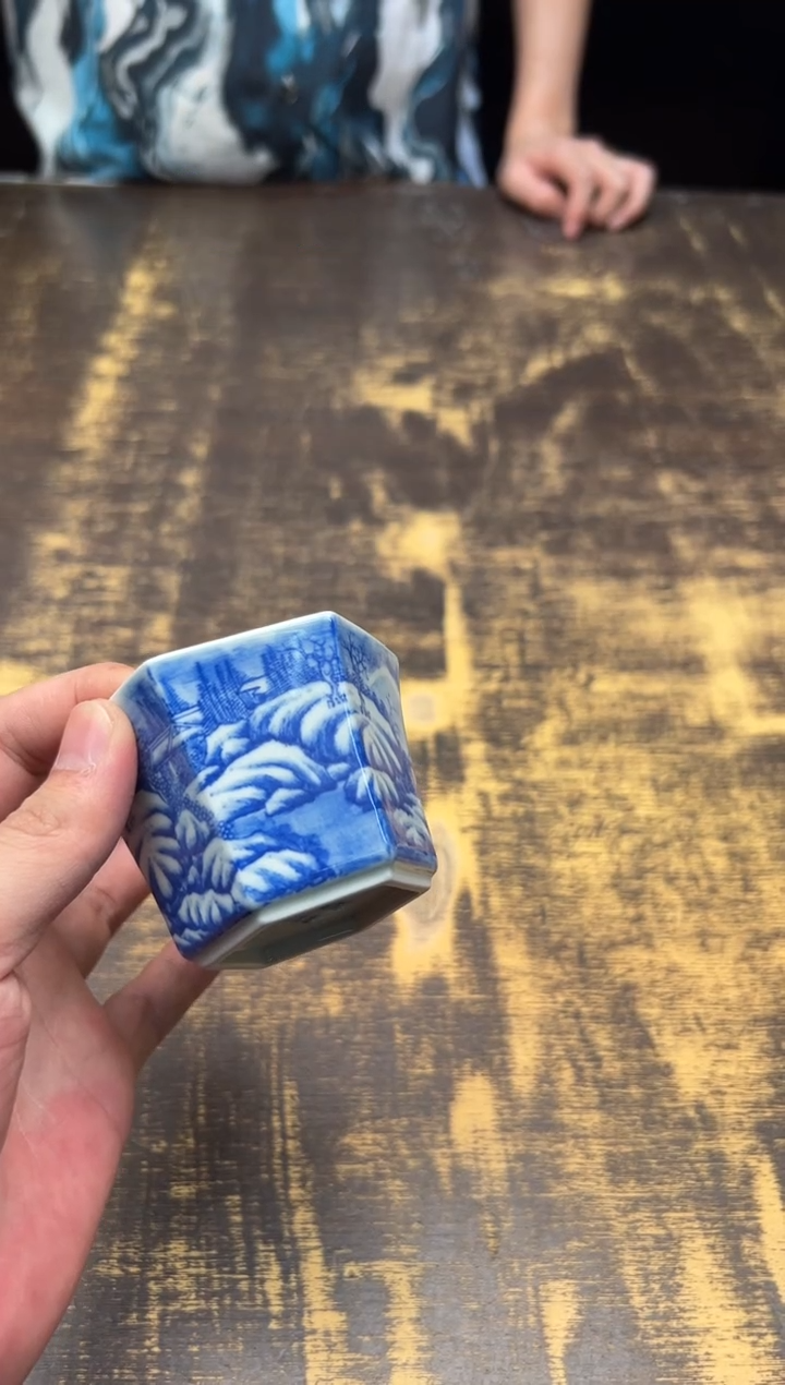 戏墨柴窑 雪景六方杯