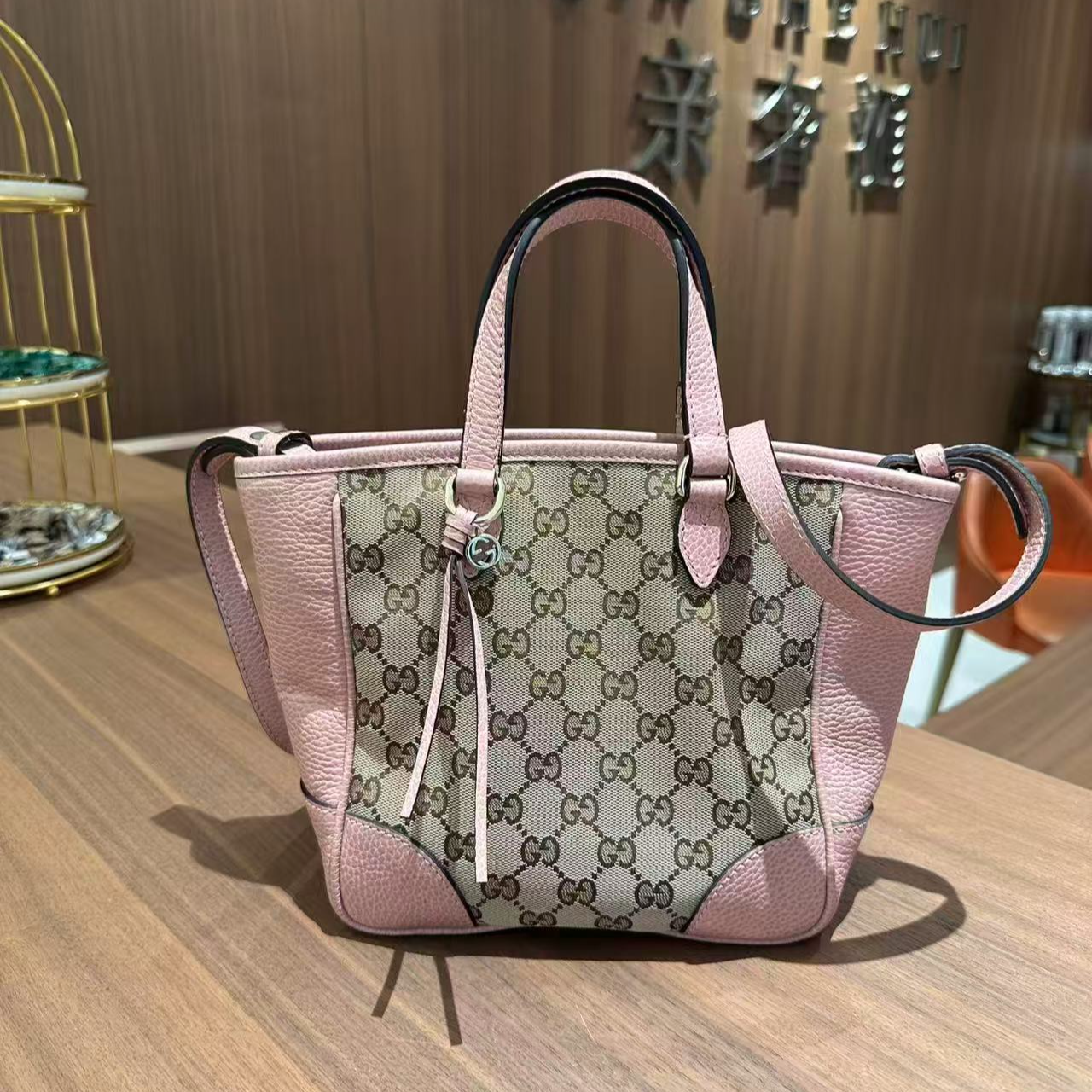 99新 GUCCI/古驰 Gucci老花拼粉色托特