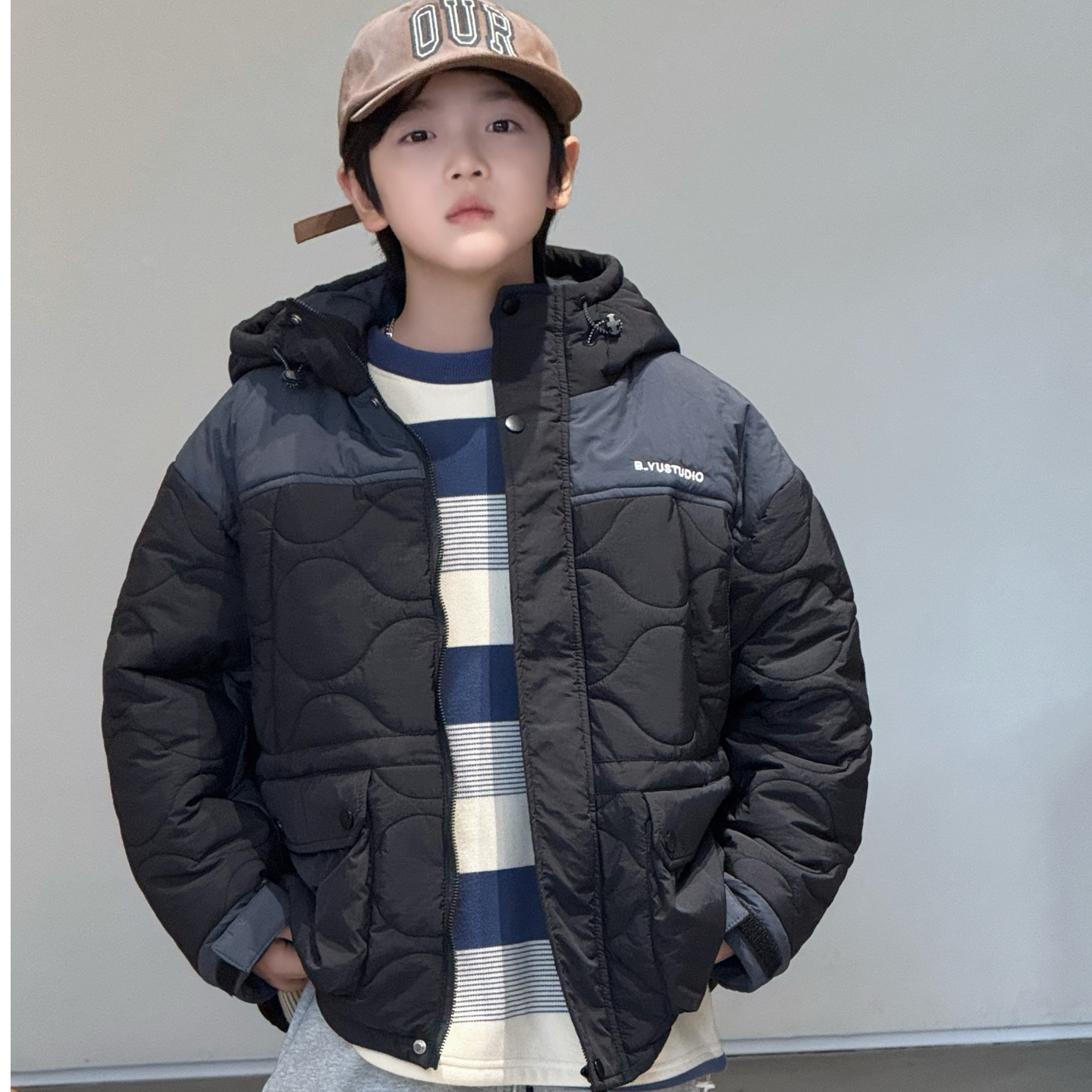 儿童拼色棉外套运动时尚休闲连帽潮流保暖冬季儿童棉衣百搭