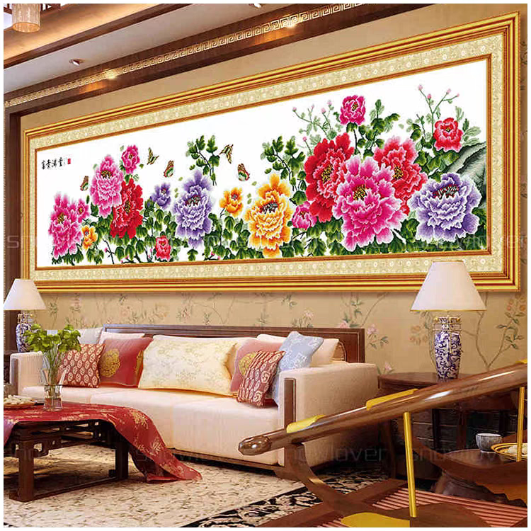 纯手工十字绣成品客厅牡丹画富贵满堂九尺牡丹花开富贵240*60公分