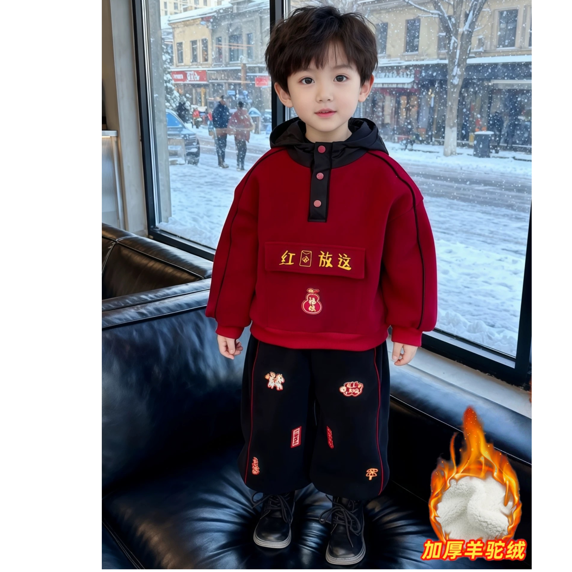 儿童过年套装2026冬季男童女童喜庆拜年两件套宝宝加绒保暖国风潮