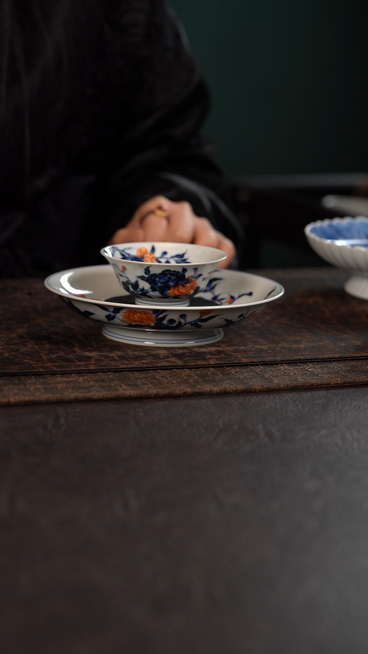 【闪购商品】杯尾款洪印慕明矾红加彩石榴花壶承加杯子