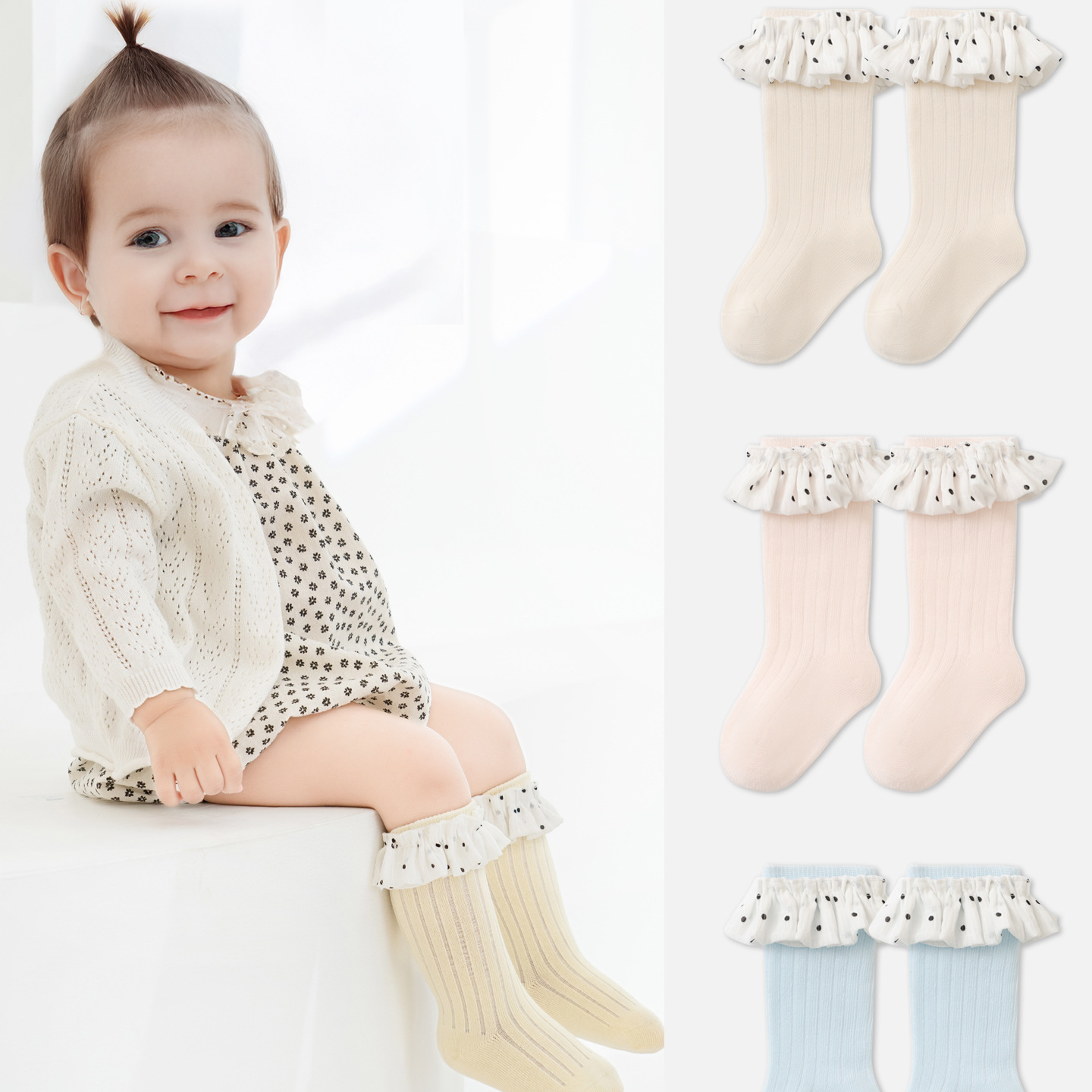 宝宝袜子秋季新款纯色波点花边公主袜松罗口无骨女童婴儿中筒袜子