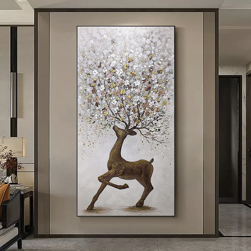 福鹿高升手工砂岩肌理现代简约入户玄关装饰画客厅沙发背景墙挂画