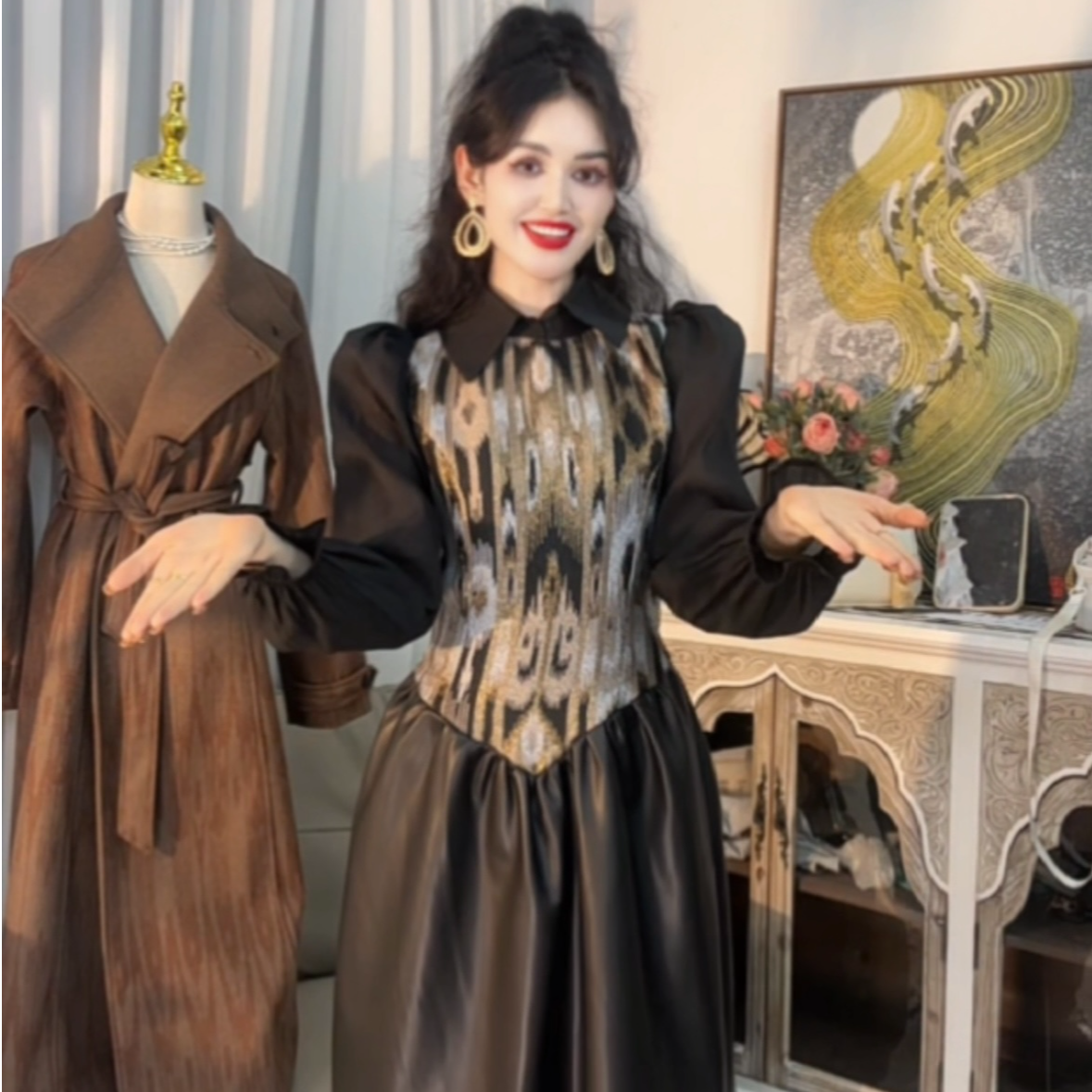 【艾特莱斯花苞裙】可爱皮裙气质网红秋冬修身紧身衬衫领百搭2