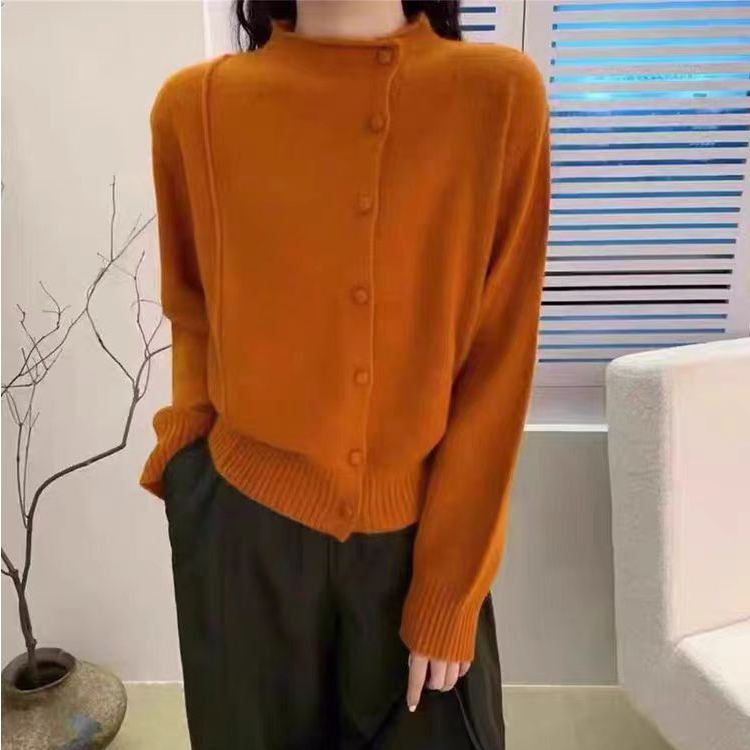 韩版半高领侧系扣绵羊毛针织开衫2025秋季新款女设计洋气毛衣外套