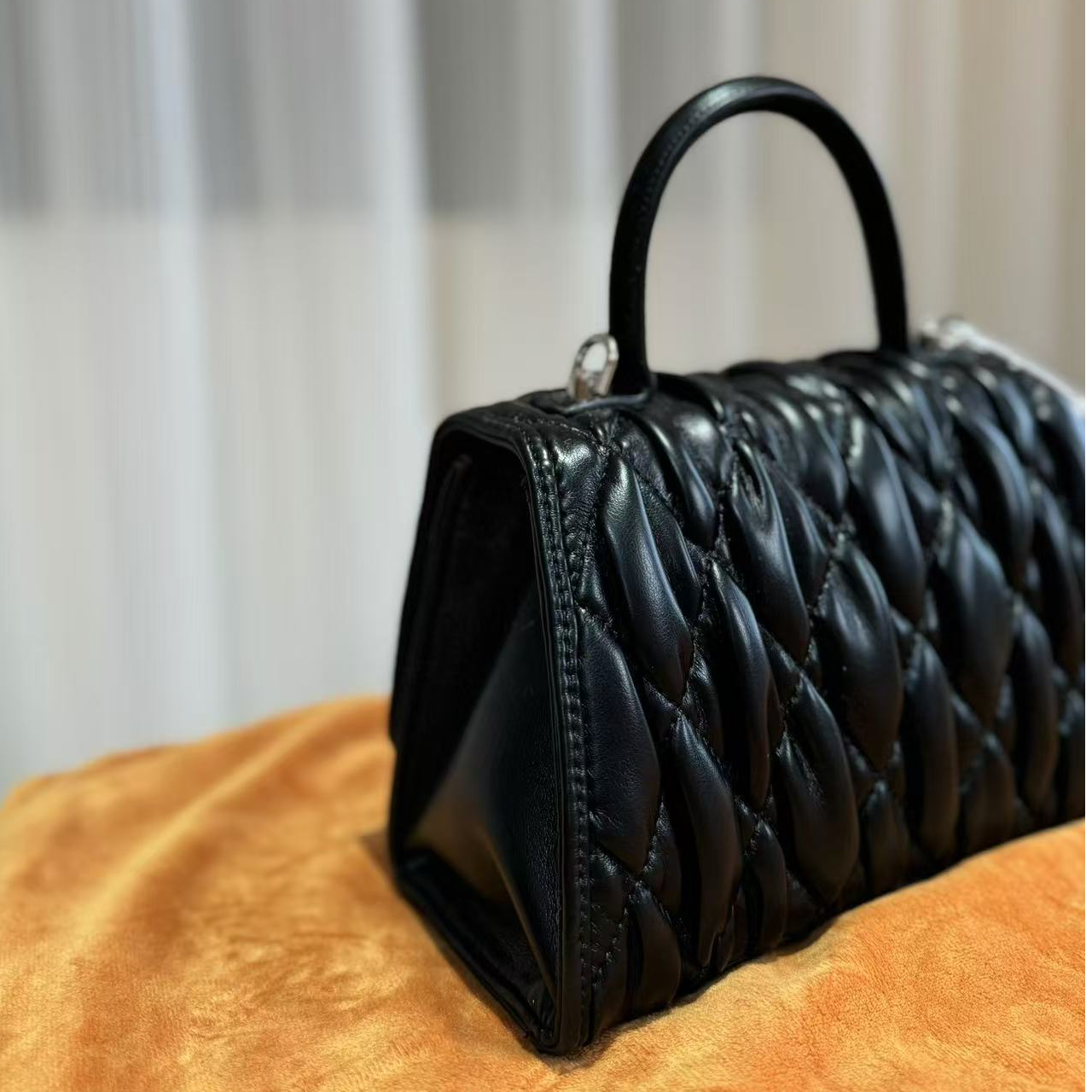 HIRMRIS手工真皮包BZ299  手提褶皱梨黑