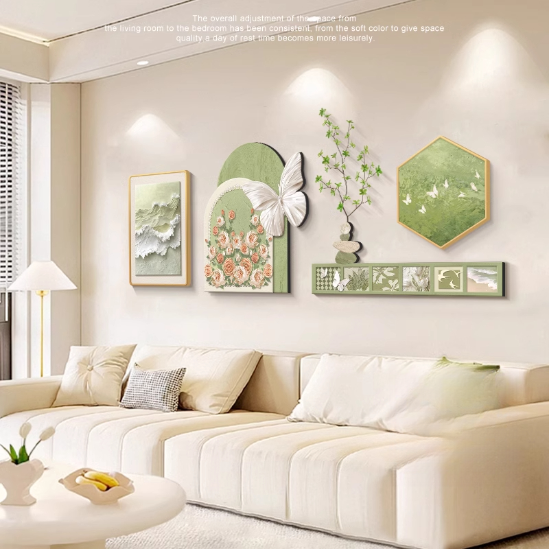 轻法式客厅组合装饰画奶油风沙发背景墙挂画小清新绿色高级感壁画