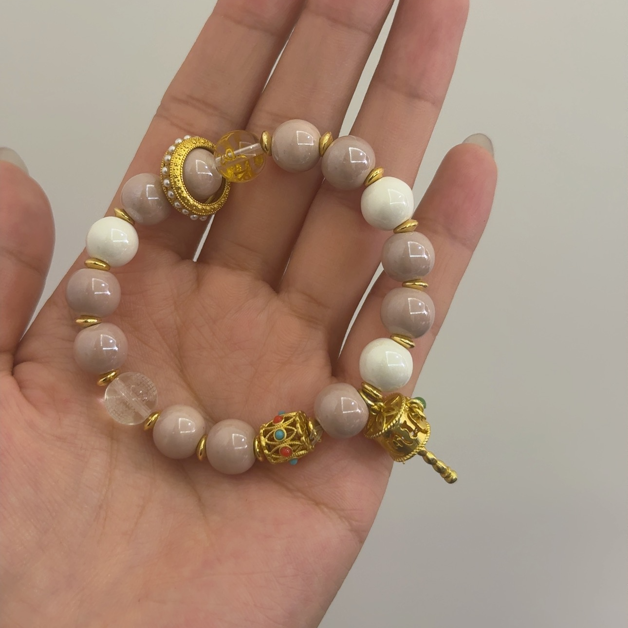 铜合金陶瓷手链 粉白瓷转经筒