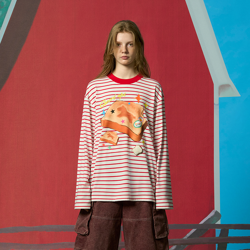 河岸家设计师CHEERi UPi吐司面包红白条纹长袖T恤女26春夏