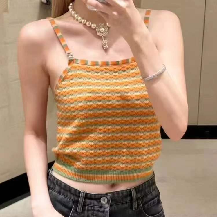 99新 Chanel/香奈儿  38码24A橘色拼绿色条纹针织背心