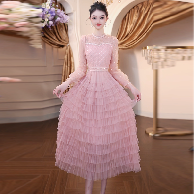 春秋新款气质长款修身显瘦仙气优雅网纱蛋糕粉色仙女连衣裙1468