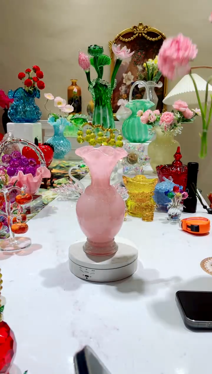 【闪购商品】琉璃手工艺品精致粉色小花瓶   微瑕