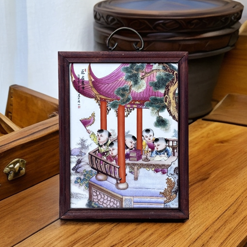 景德镇陶瓷手工瓷板画乐在其中实木框中式37*29cm