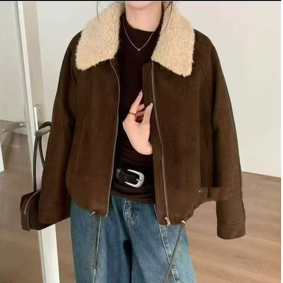 D9261韩系翻领短款外套女冬季新款宽松显瘦休闲仿麂皮绒短夹克