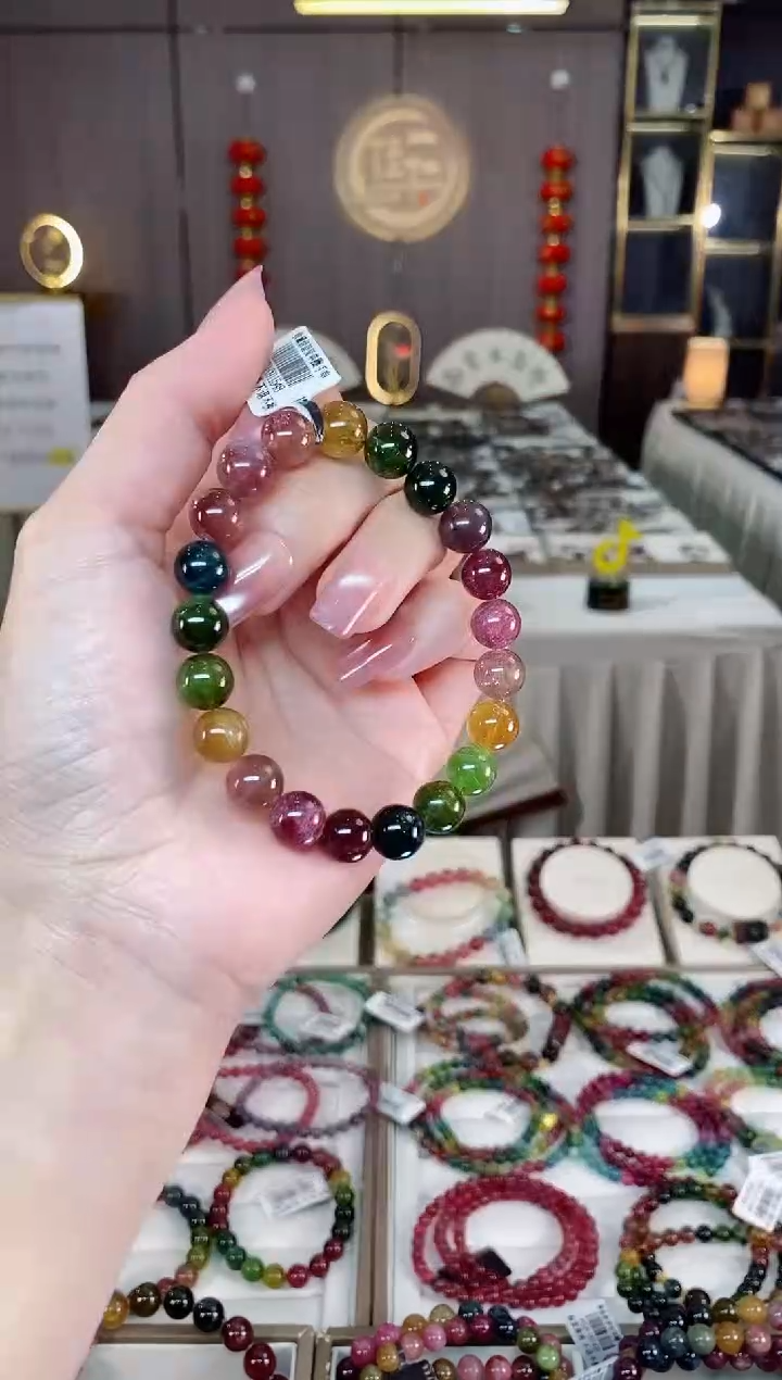 未镶嵌冰透体老矿碧玺彩虹单圈手串9mm+碧玺hon多样性发货一条