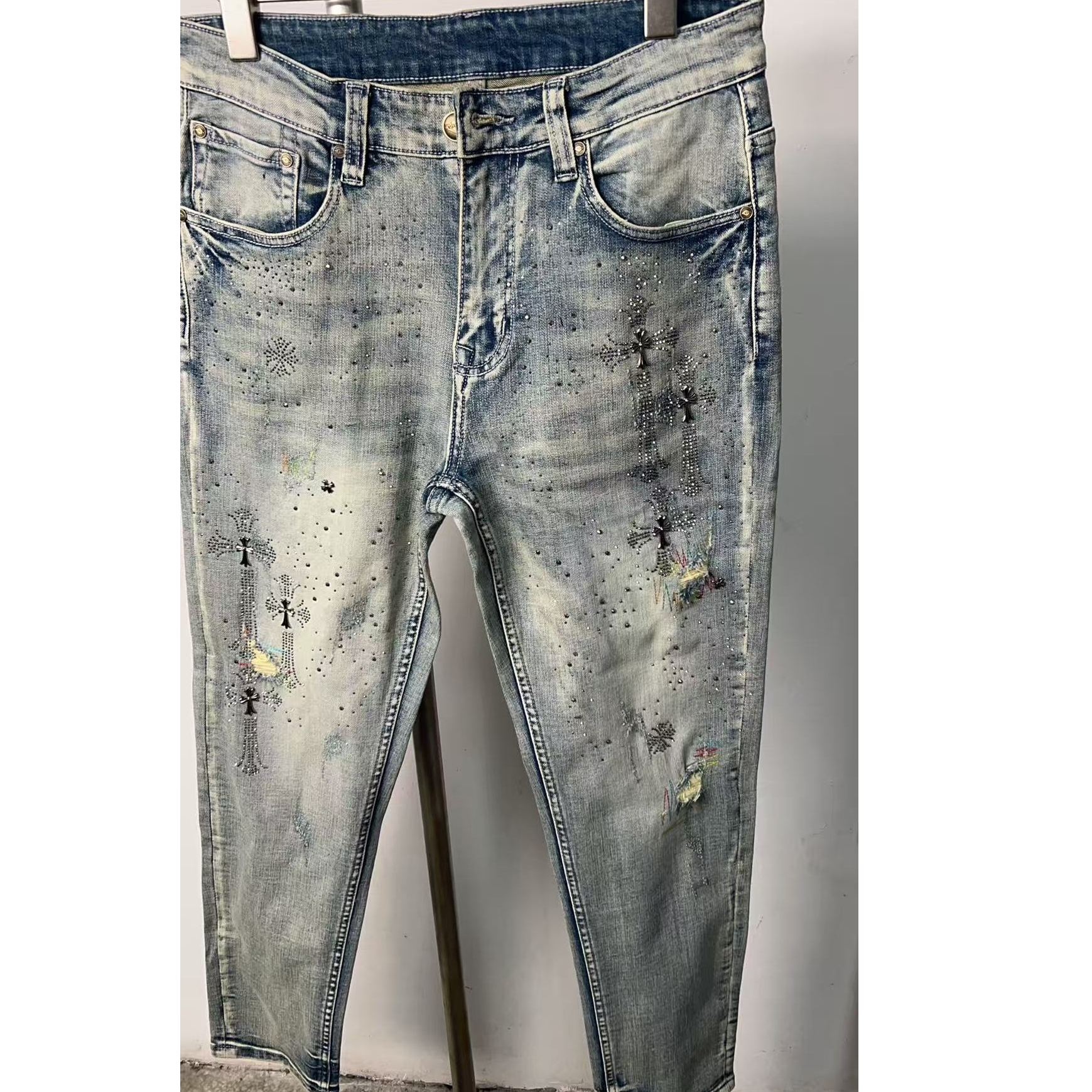 秋冬复古蓝烫钻大牛厚款欧版弹力小脚裤男装