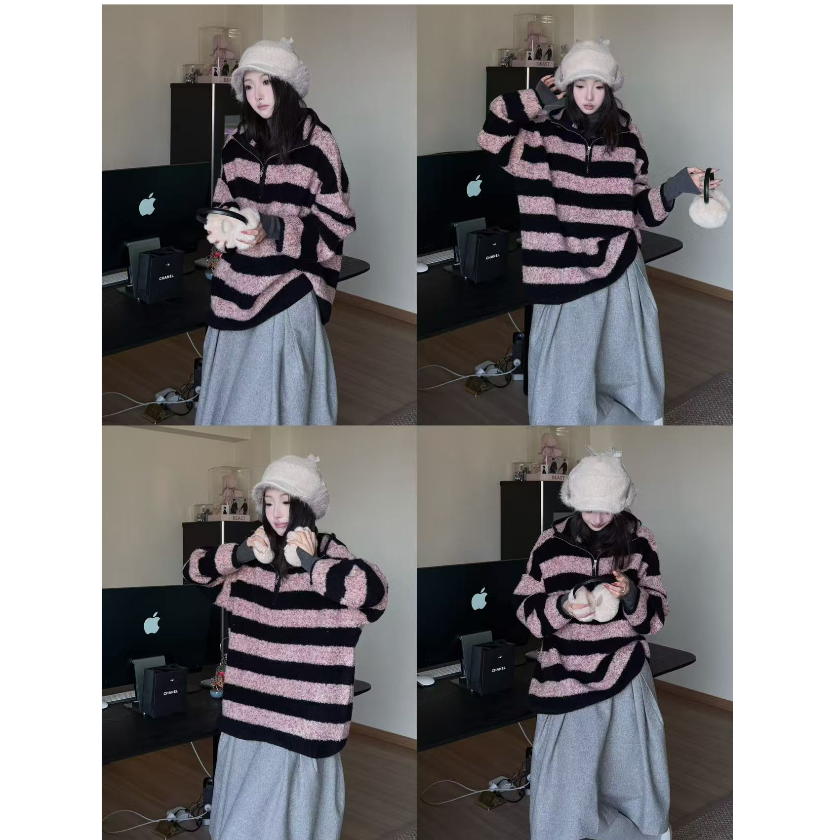 十三行白白家～团宠毛衣～条纹100%绵羊毛连帽斑马条毛衣#63115-1