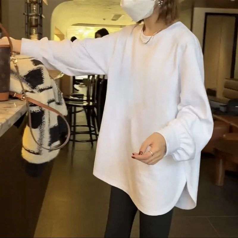 德绒t恤白色打底衫女冬季加绒加厚宽松小众慵懒风内搭长袖上衣服
