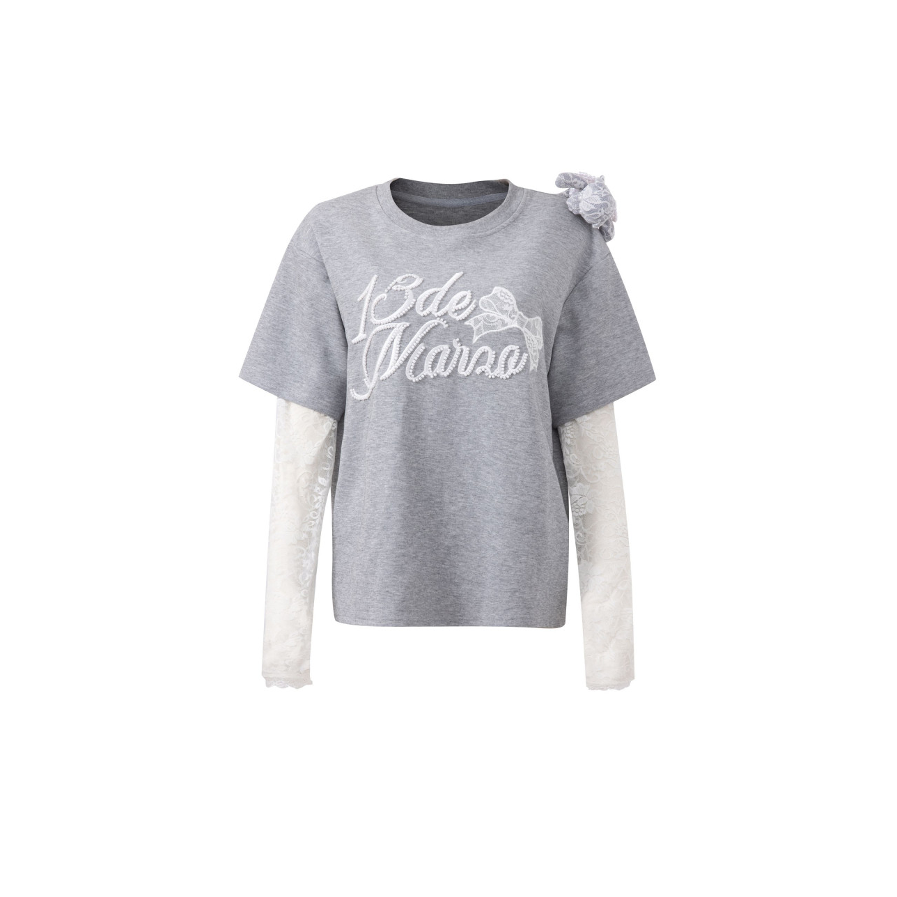 【肩趴小熊蕾丝拼袖】设计感女士手臂镂空蕾丝圆领修身甜美时尚T恤