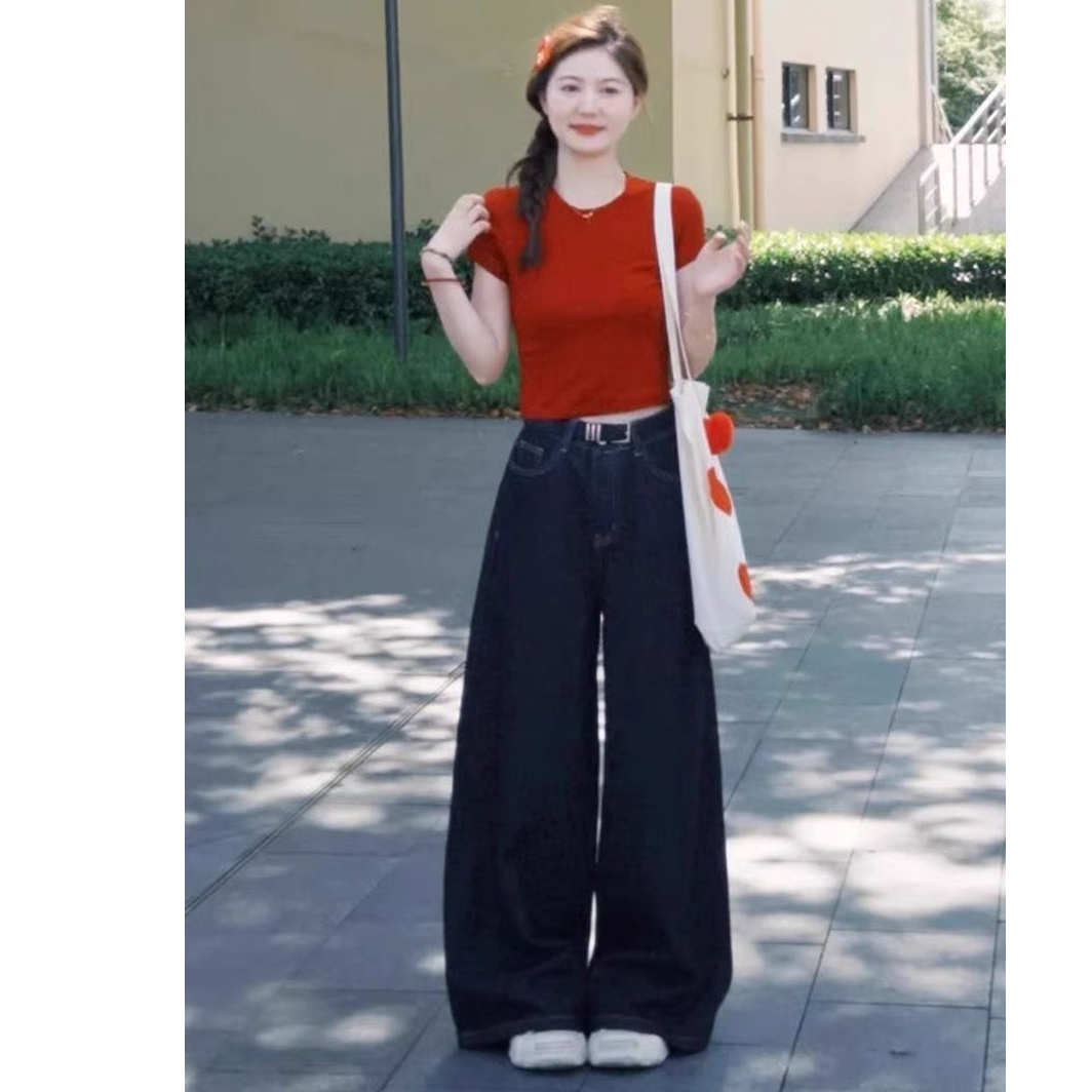 复古深蓝色高腰牛仔裤女宽松阔腿原宿风休闲百搭长裤潮显瘦