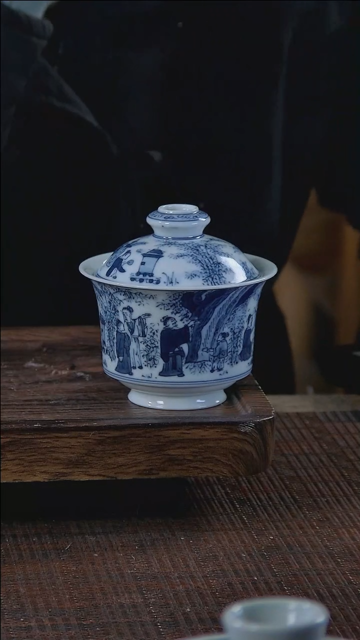 【闪购商品】折葵非器手工手绘竹林七贤马蹄盖碗