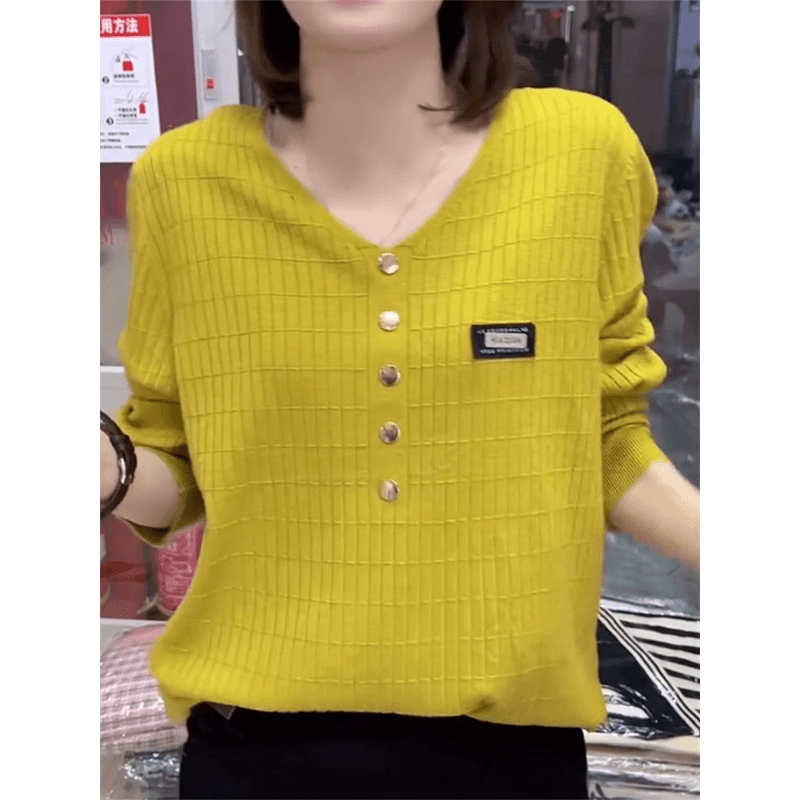 欧洲站秋冬新款时尚V领显瘦衫女长袖百搭洋气T恤