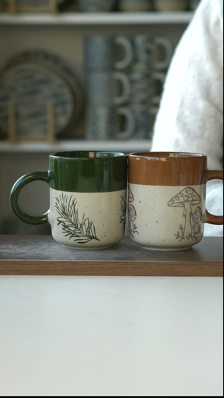 陶瓷出法手绘蘑菇+松针马克杯380ml@4-2@微瑕