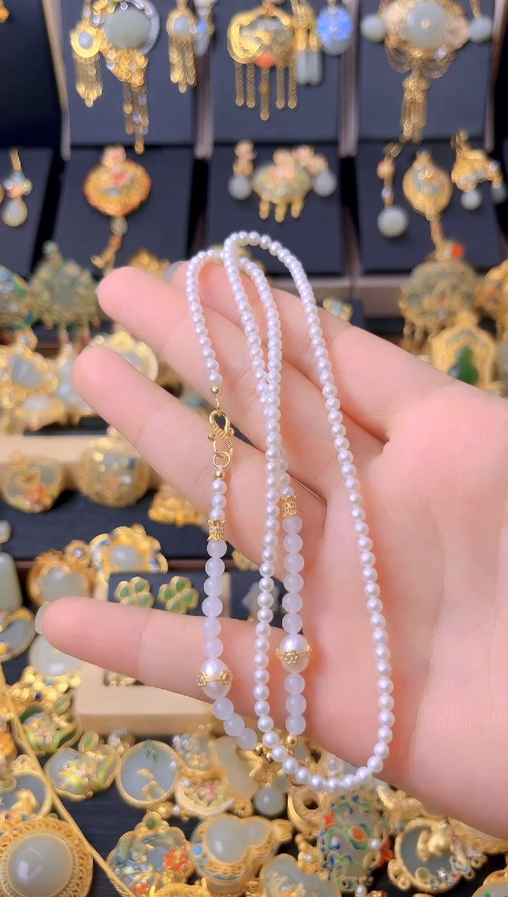 银S925镀金镶嵌珠串淡水珍珠DIY 珠串