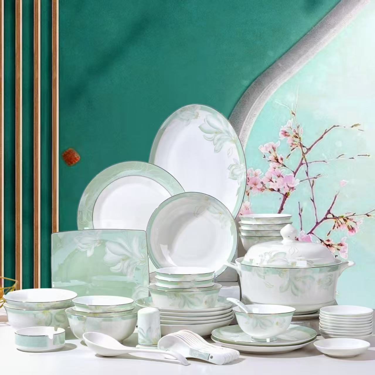空谷幽兰釉上彩中式餐具套装金边盘子中式精品骨瓷高温烧制网红款
