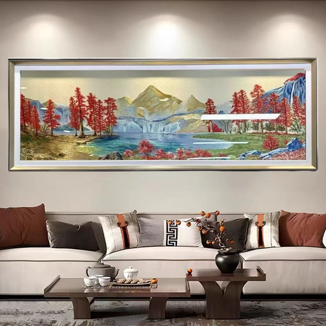 鸿运当头客厅画沙发背景墙装饰画刺绣聚宝盆山水风景挂画