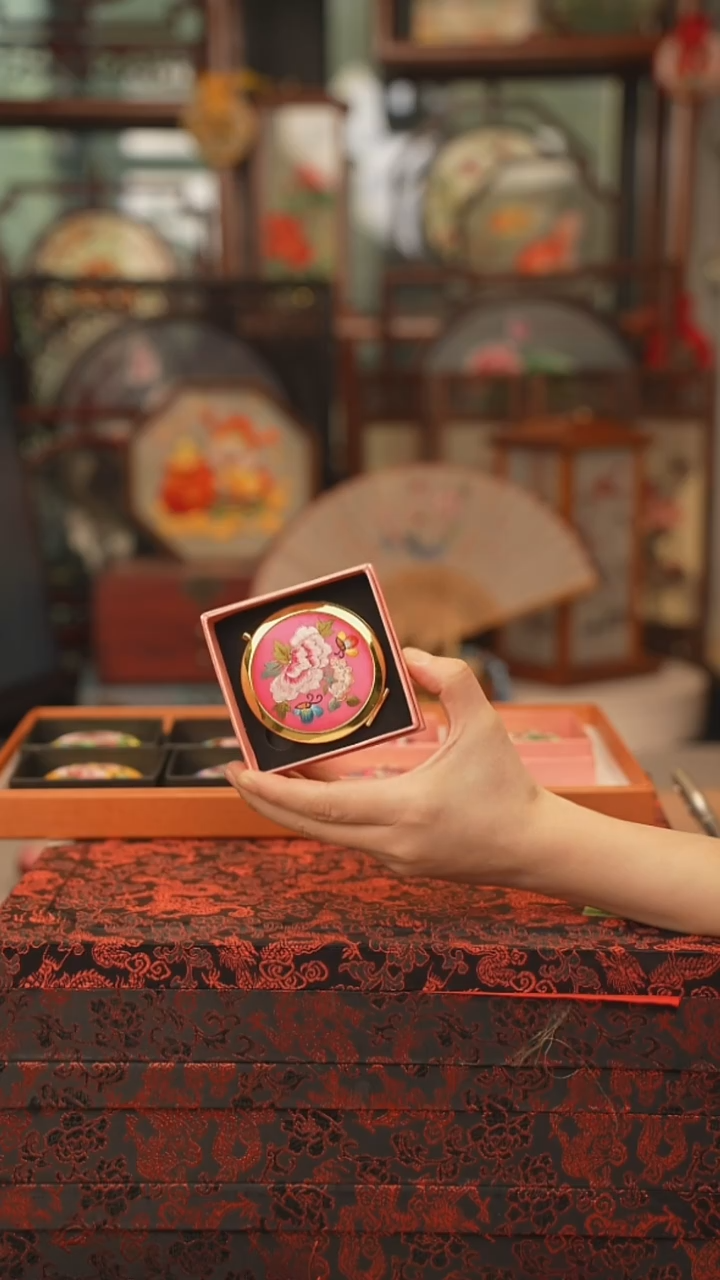 扇子镜子 绣花双面非遗