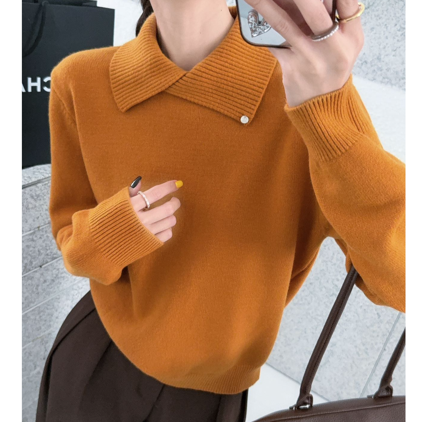 花倾慕韩系翻领纯色毛衣女秋冬不规则针织打底衫软糯内搭上衣6251