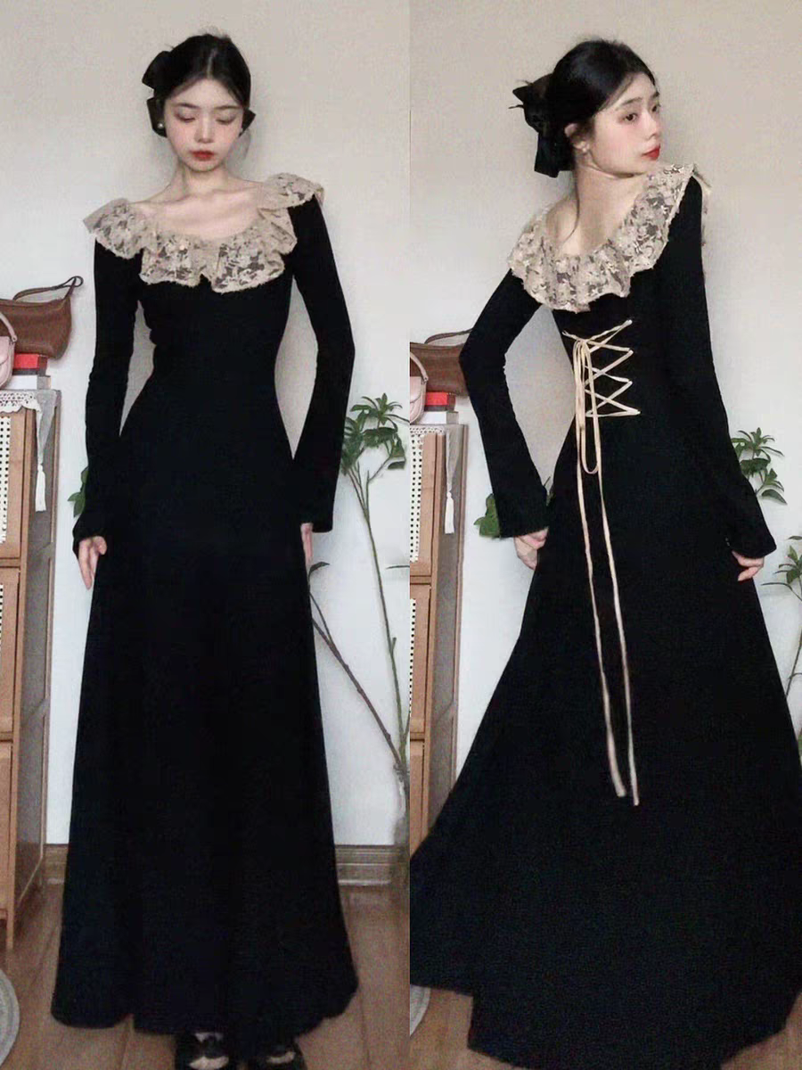 （80-200斤）大码胖MM秋冬新款赫本风设计感蕾丝拼接气质长裙女2024