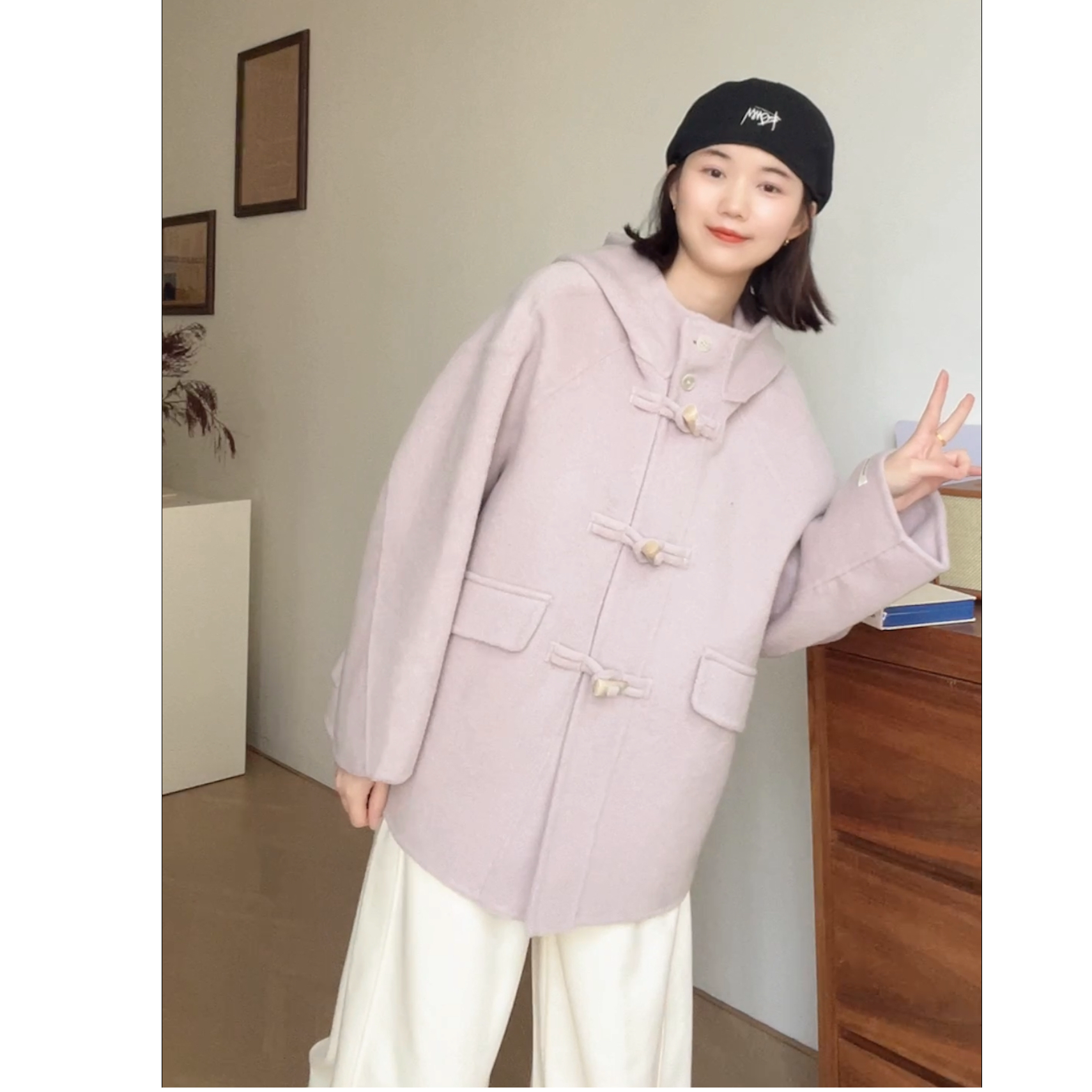茗枔牛角扣连帽韩版宽松中短款双面呢大衣秋冬时尚暖系流光街头