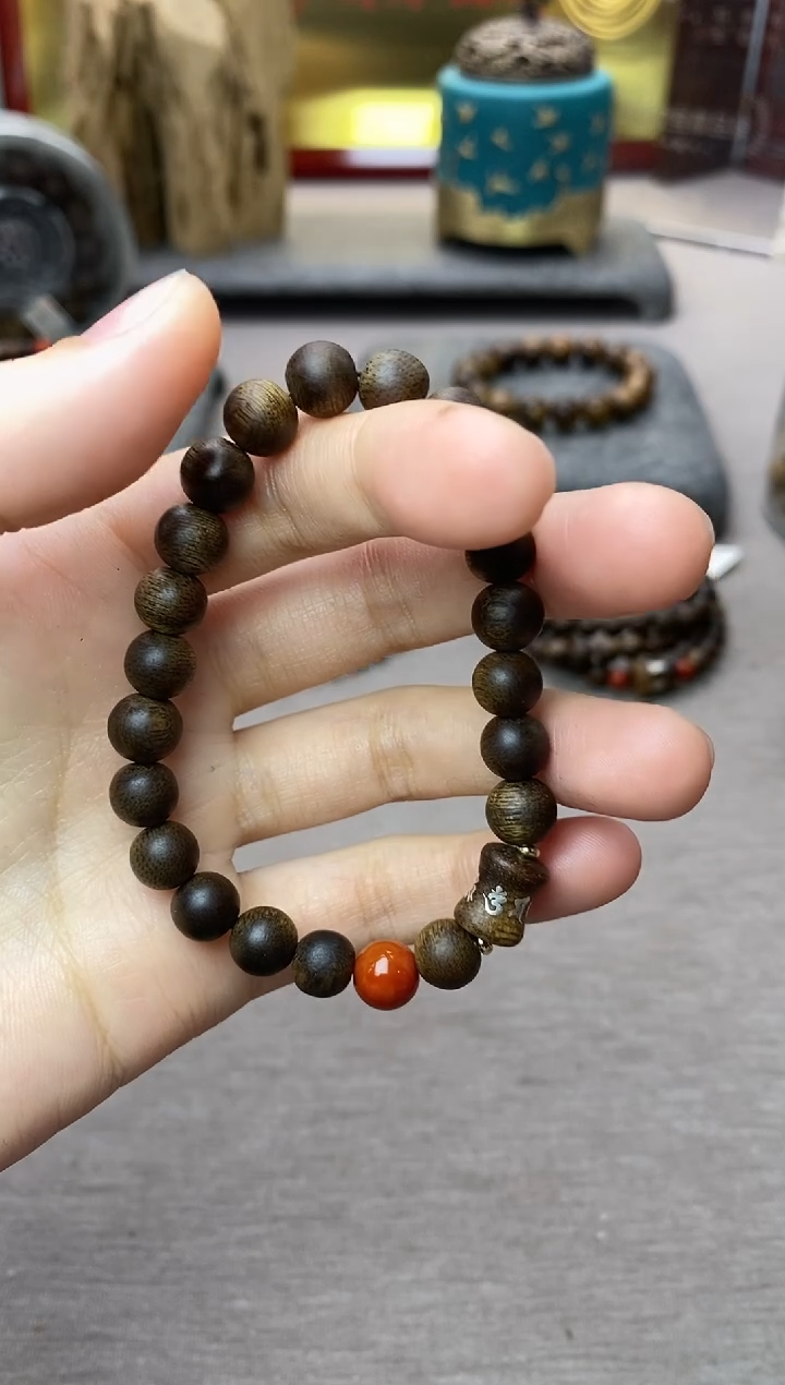 【闪购商品】沉香手串芽庄白棋08＋富森竹节六字镶嵌沉水