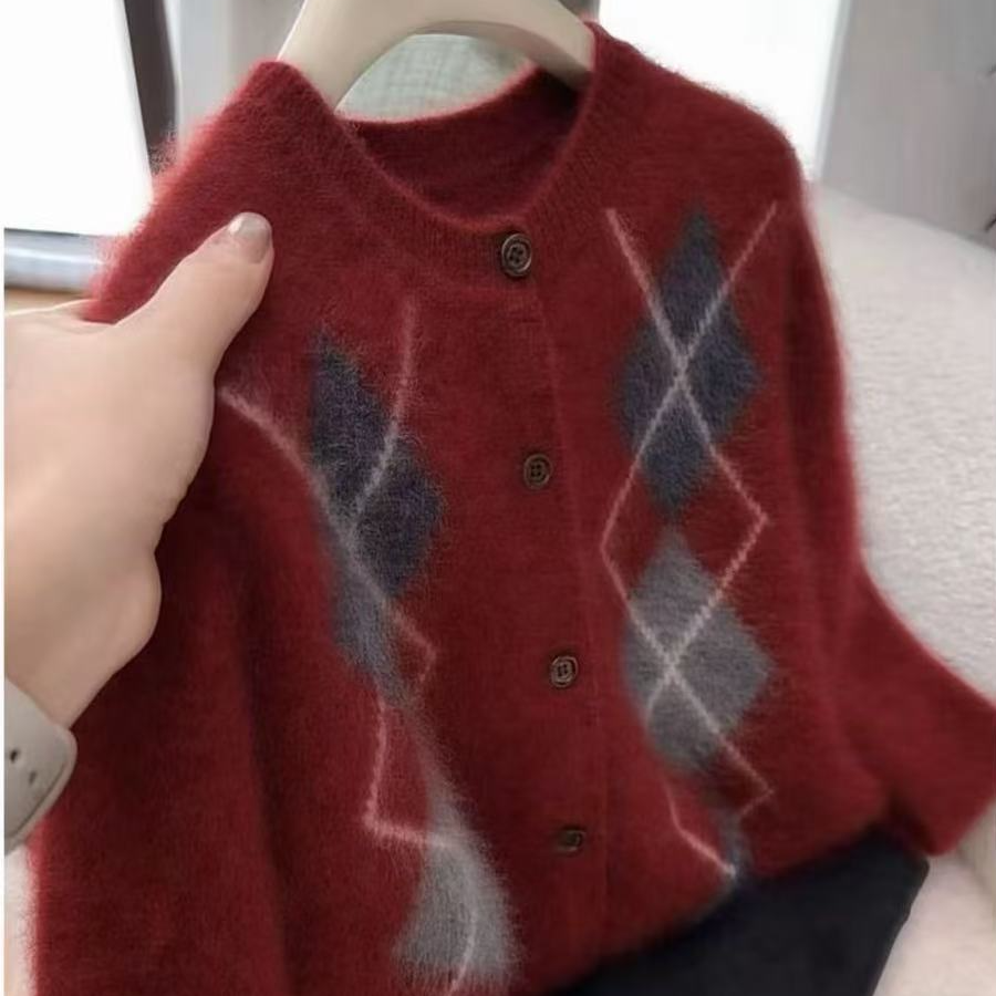 简爱-（菱形格）开衫大角羊拉绒 宽松秋冬针织衫百搭圆领气质