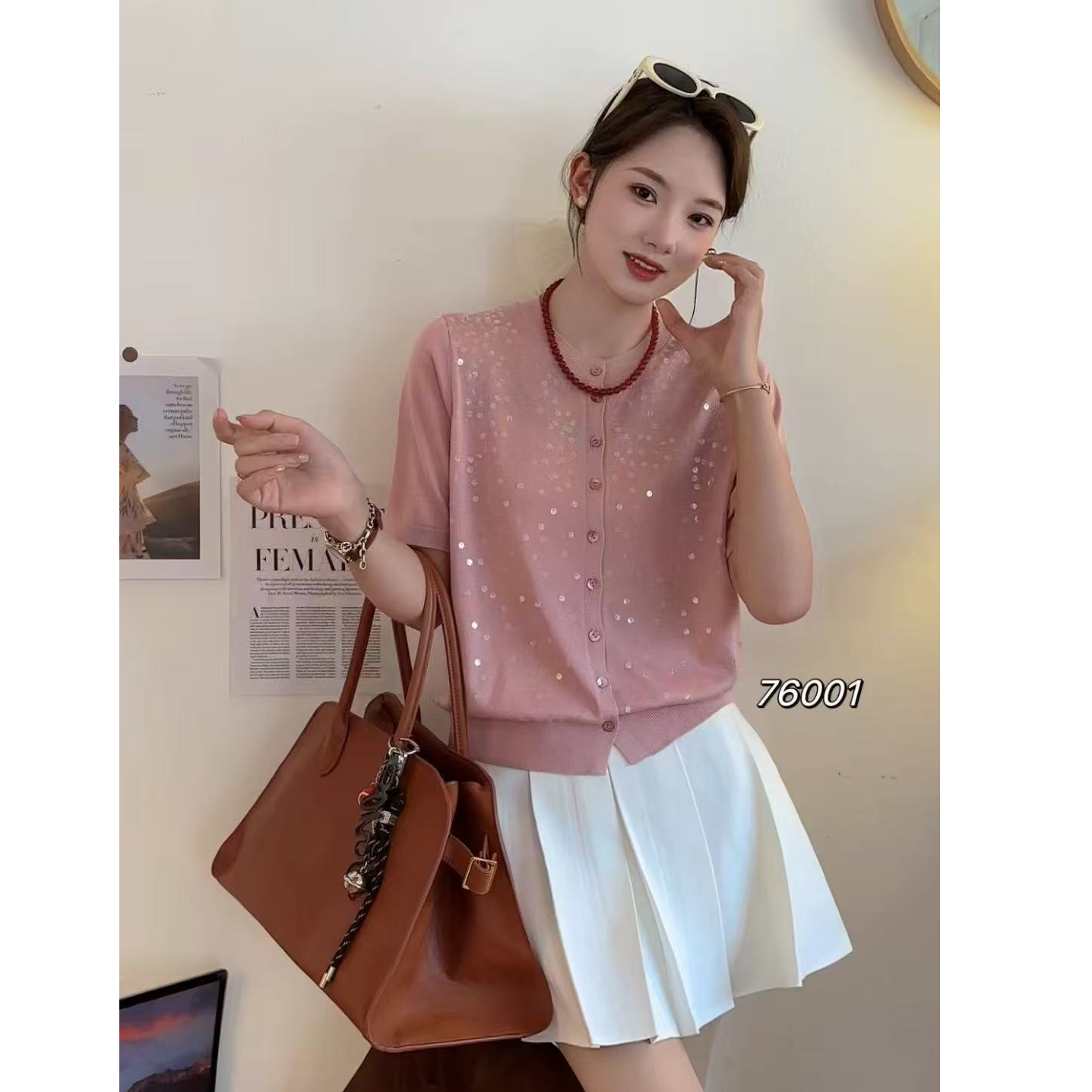 莱赛尔纤维+桑蚕丝~~~【线下同款】-高定版！亮片短袖女针织开衫B789