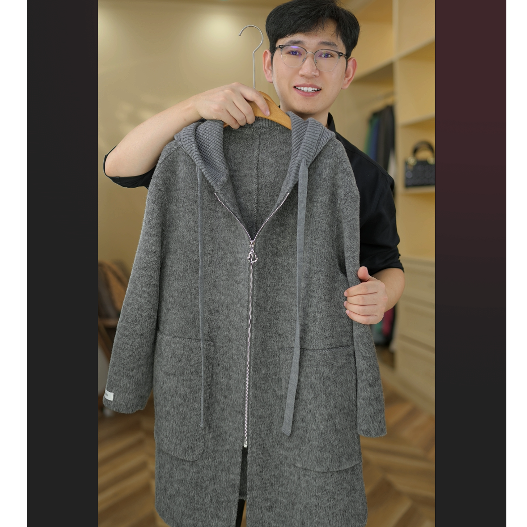 【许野】春秋冬款拉链帽衫气质时尚长袖双面大衣中长款8738