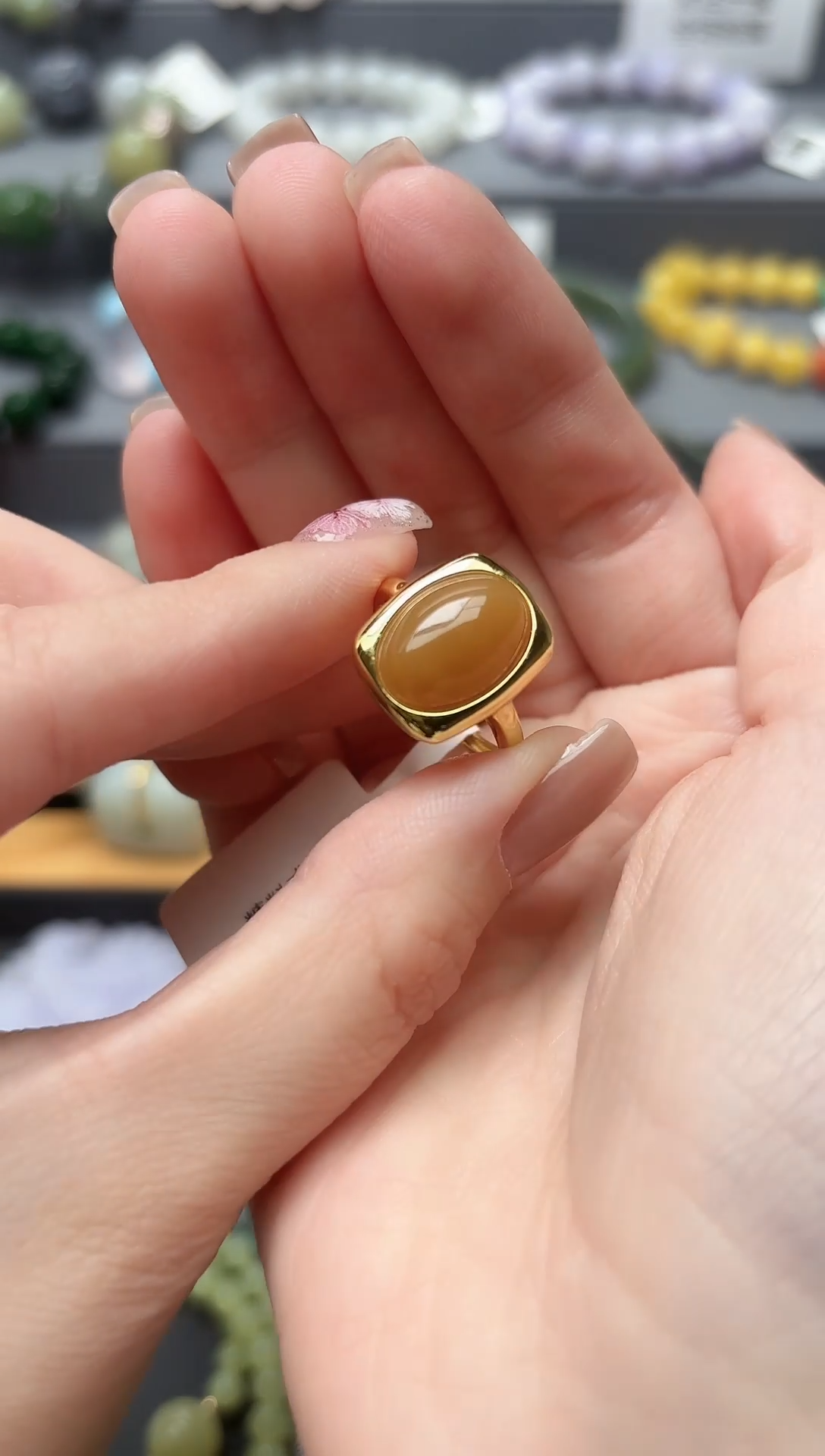 银S925镶嵌戒指和田玉S925银和田玉糖玉戒指