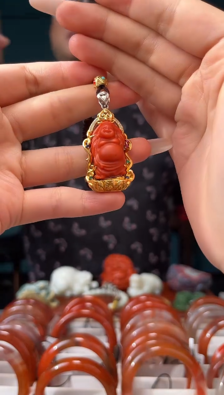 南红玛瑙银S925镶嵌颈饰吊坠