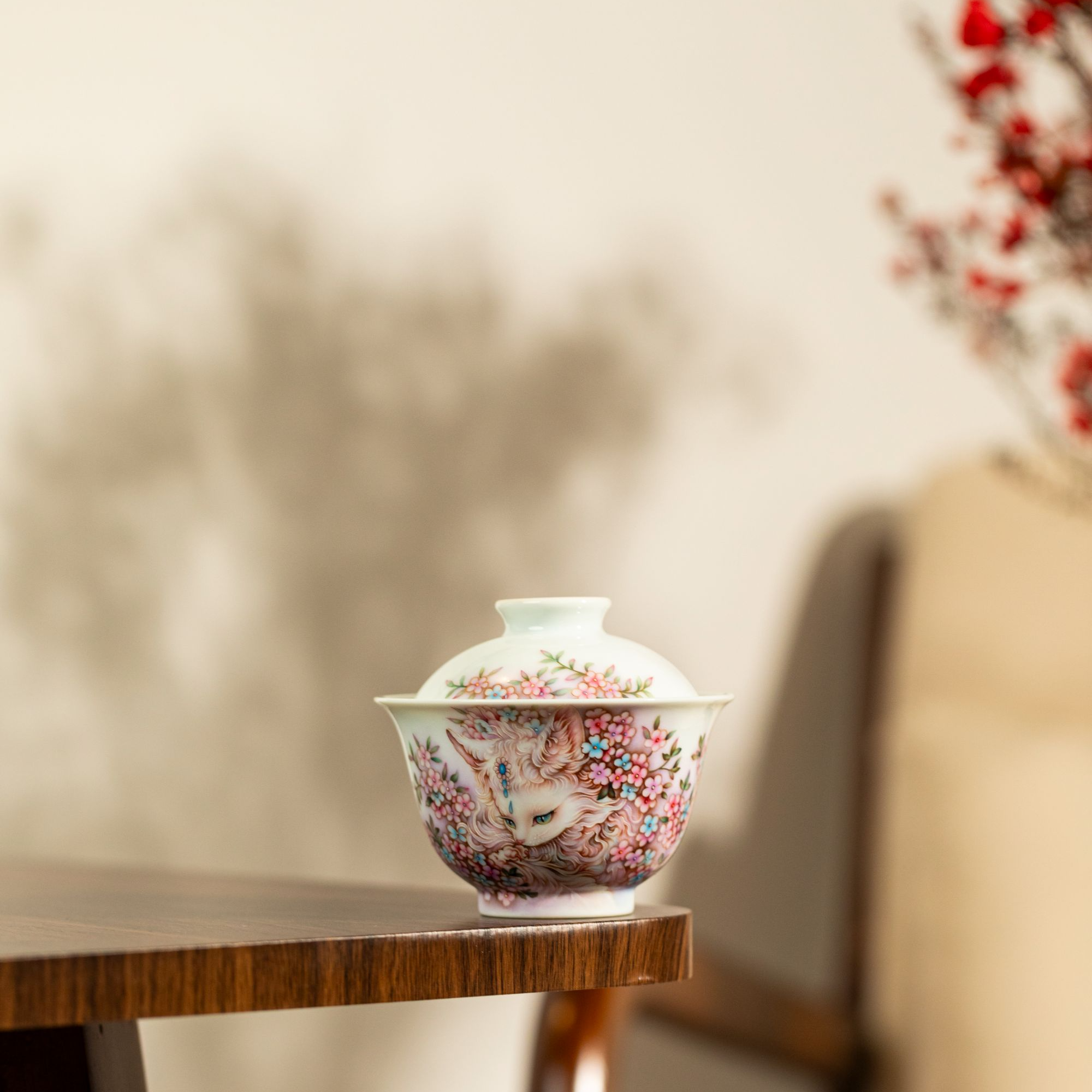 刘文华 粉彩猫咪盖碗