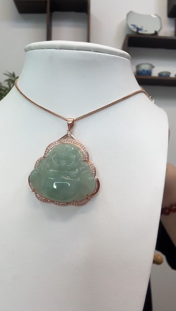 吊坠(赠链)银S925镶嵌翡翠佛公玫瑰边