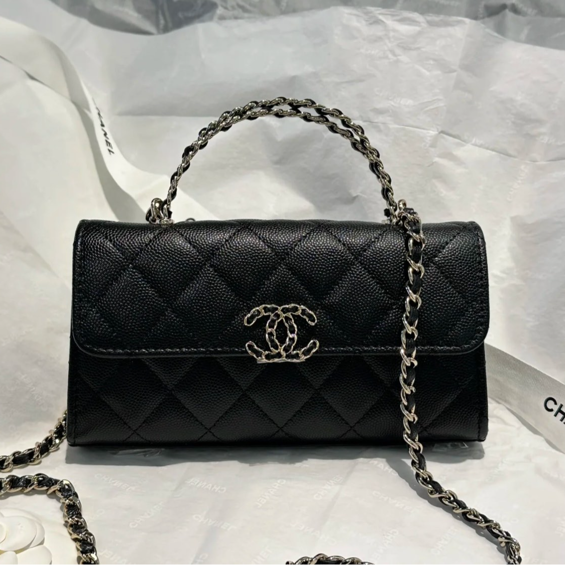全新未使用 Chanel/香奈儿 小花6珊25S手柄Kelly黑色荔枝交叉手柄