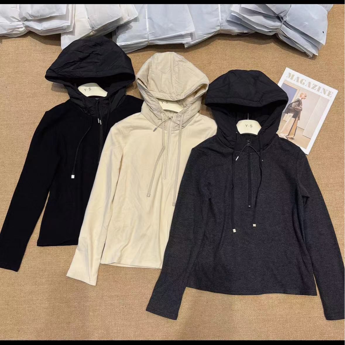 德绒拼帽T恤-----