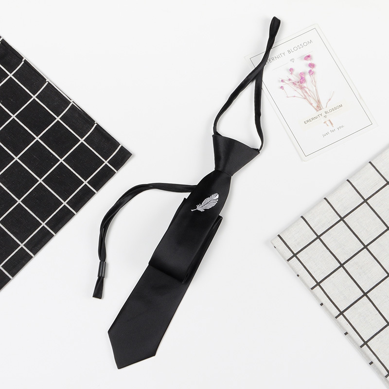 【拉绳免打刺绣】拉链绳带儿童细窄黑色懒人小领带衬衫配饰学生潮