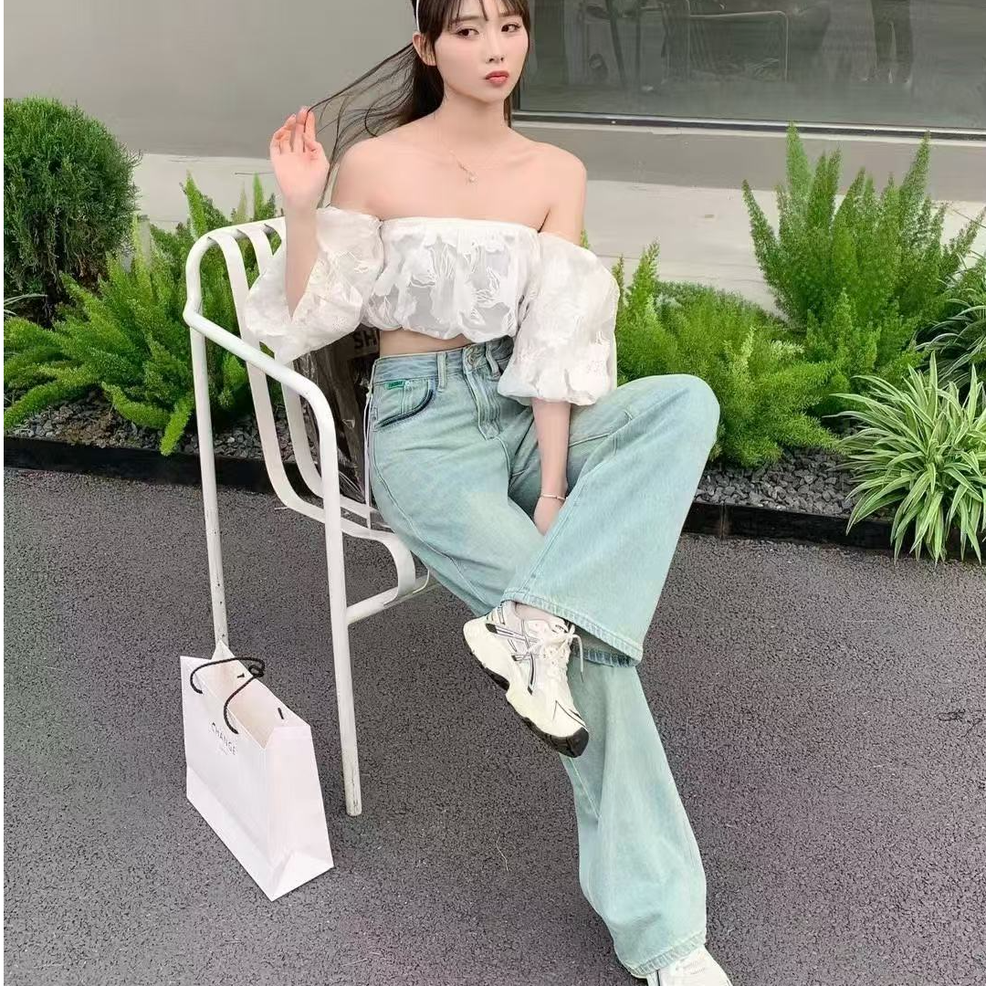 【聿言女装福利款】浅牛仔怀旧绿丹宁裤